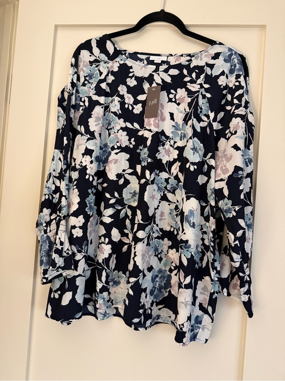J. Jill Navy Floral Long-Sleeve Blouse with Pastel Blooms